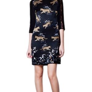 ZARA Black Leopard Print 100% Mulberry Silk Lace Sleeve Mini Dress
